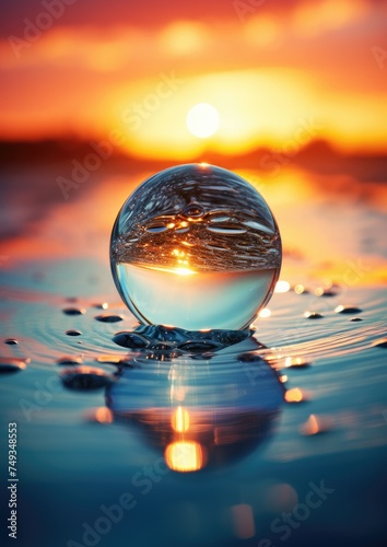 Close up view of macro water drop in water with sunset light.  Generative Ai.