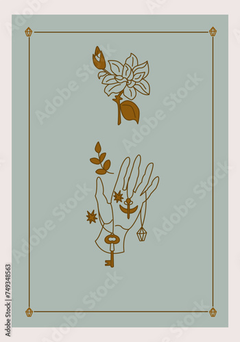 Esoteric poster Hand holding magical amulets, mystic golden flower on green background Boho style vector outline illustration.