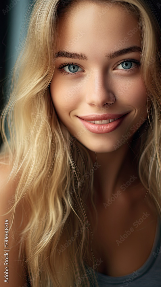 Obraz premium Beautiful close-up smiling young teenage girl sensuality model face with blonde hair and blue eyes and youthful 
