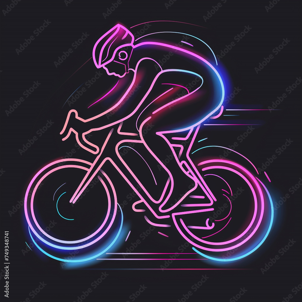 Modern cycling logo, rider on a bike, glowing neon on dark background. Modern cycling logo, rider on a bike, glowing neon on dark background.