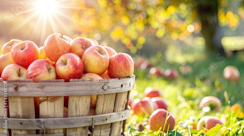 A weathered wooden bushel basket filled with plump, golden apples, evoking a sense of autumn abundance. photo