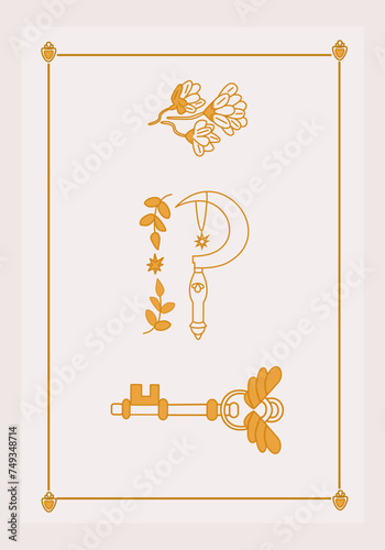 Esoteric poster Golden key with wings, druid sickle, mystic flower with three branches on white background Boho style vector outline illustration.