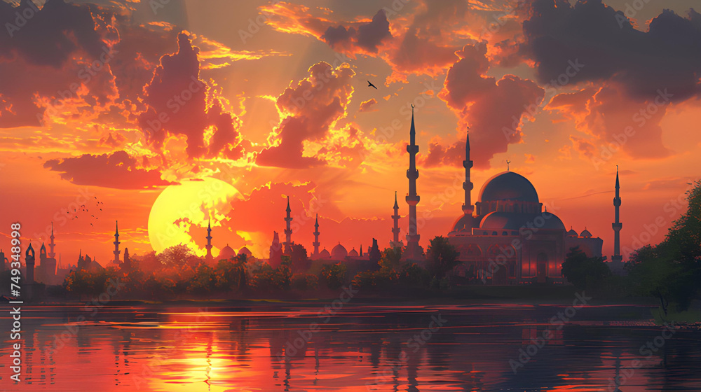 illustration of a mosque on the riverbank at sunset. Islamic Background

