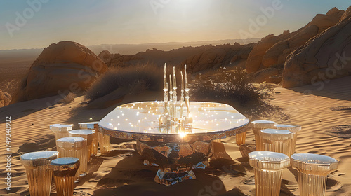 A glass royal classic table and stools are placed in a desert setting with sun rays shining on them. photo