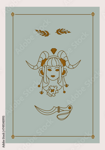 Esoteric poster Two hands holding diamond, crown and branch on pink background. Boho style vector outline illustration.