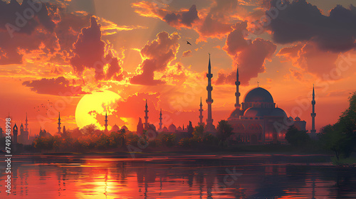 illustration of a mosque on the riverbank at sunset. Islamic Background 
