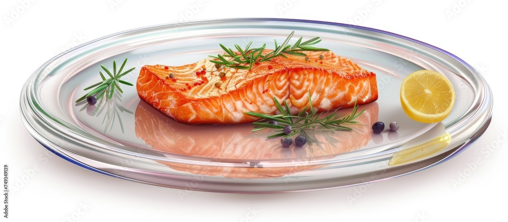 A piece of grilled salmon is placed on a glass plate, garnished with fresh lemon wedges. The dish is isolated against a white background. A piece of grilled salmon is placed on a glass plate, garnished with fresh lemon wedges. The dish is isolated against a white background.