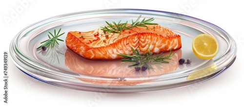 A piece of grilled salmon is placed on a glass plate, garnished with fresh lemon wedges. The dish is isolated against a white background.