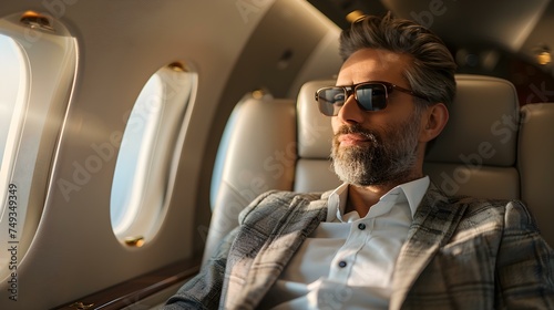 A corporate executive enjoying a luxurious private jet flight to a meeting. Concept Luxury Travel, Business Aviation, Corporate Lifestyle, Private Jet Experience