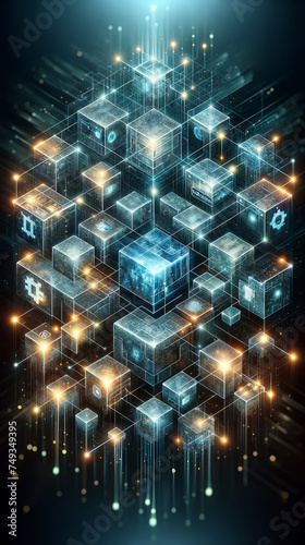 Blockchain technology abstract. Futuristic network of blockchain nodes with illuminated connections on digital landscape, dark background. © unicusx