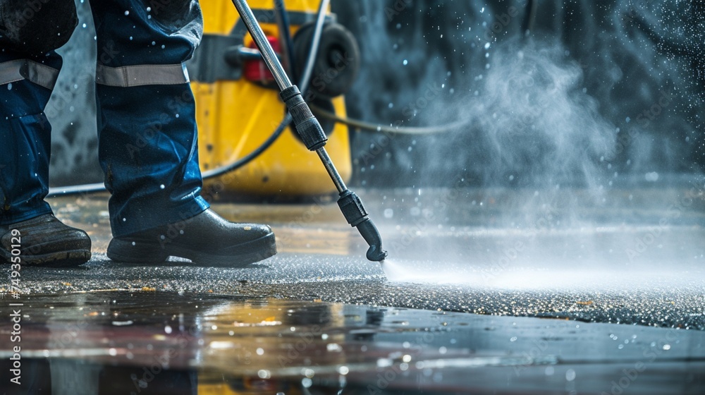 Deep cleaning under high pressure. Workers cleaning driveway with pressure washer, professional cleaning service - obrazy, fototapety, plakaty 