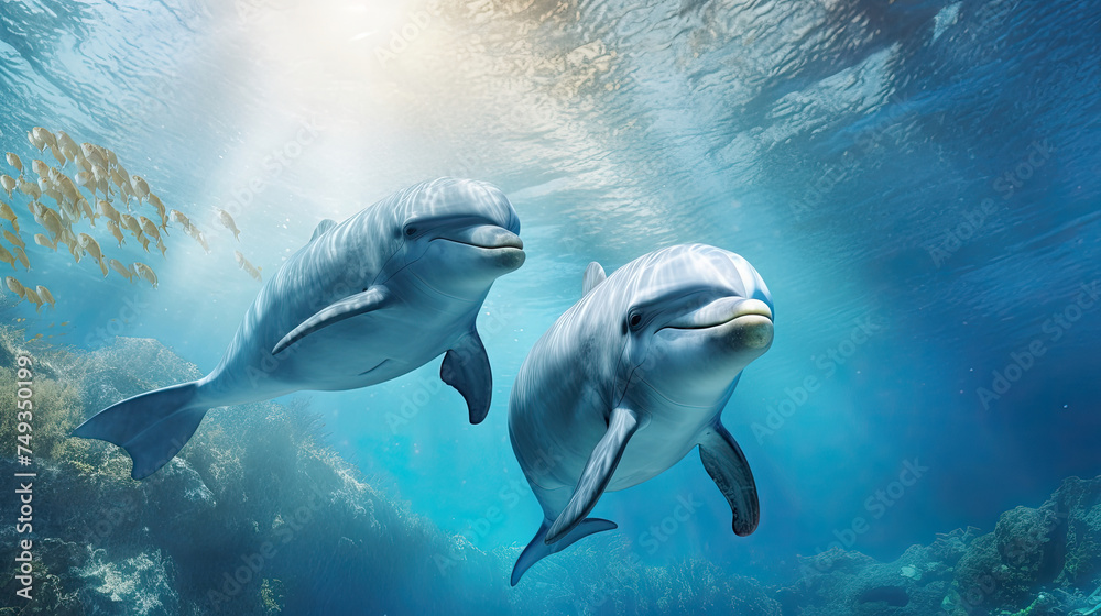 two dolphins swim side by side freely in the middle of an underwater blue ocean with incoming sunlight two dolphins swim side by side freely in the middle of an underwater blue ocean with incoming sunlight