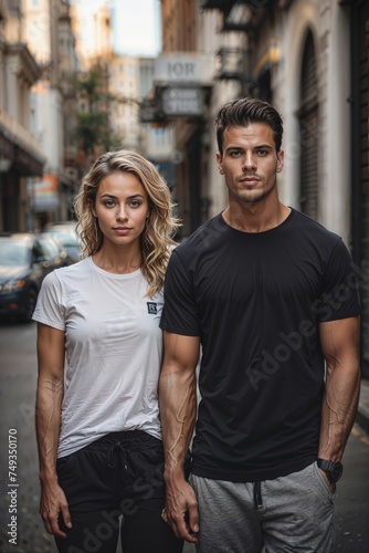 A handsome young man with a black T-shirt and a beautiful woman with a black T-shirt is looking at the camera while standing on a city street. Mockup design concept