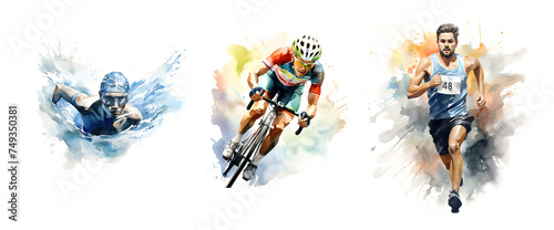 A set of watercolors for triathlon. Silhouettes of splash points. photo