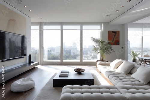 Interior of modern spacious living room in luxury apartment. White corner sofa, black coffee table, flat TV, panoramic windows. Contemporary minimalist home design.