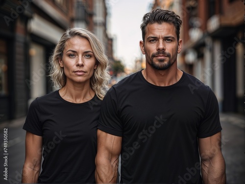 A young couple of sporty people in black T-shirts posing in the city. Mockup design concept