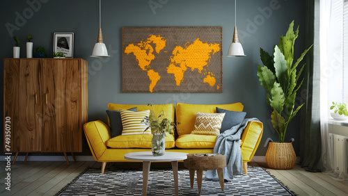 Yellow sofa and wooden cabinet against wall map.  boho home interior design of modern living room photo