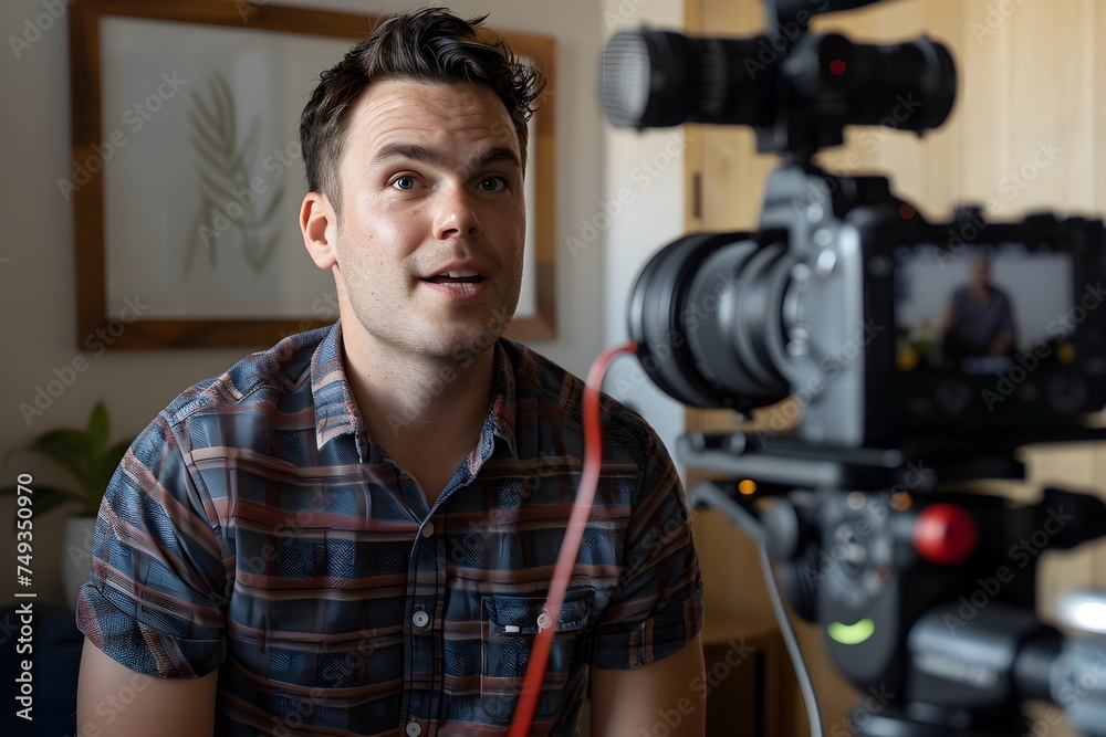 A man recording a video of himself indoors A man recording a video of himself indoors