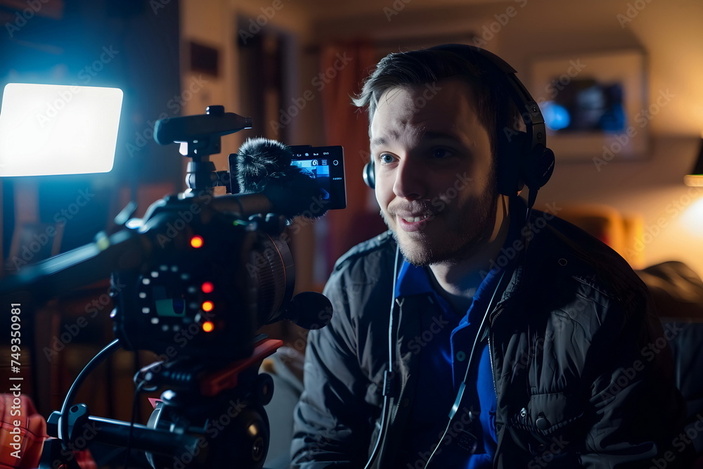 Fototapeta premium A man recording a video of himself indoors