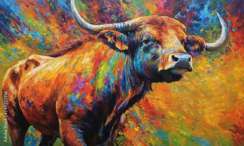 Art painting Acrylic color of buffalo head on abstract colorful background. © Andrey