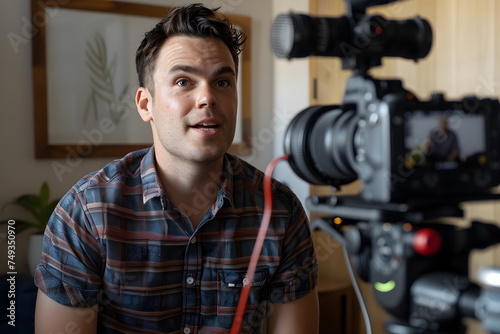 A man recording a video of himself indoors