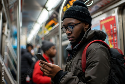 young african man use mobile phone in subway