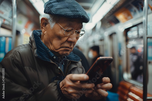 old asian man standing on a bus station and looking at his mobile phone photo