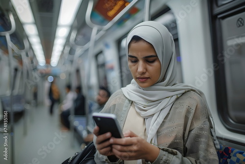 young arabian woman messaging with mobile phone on a train