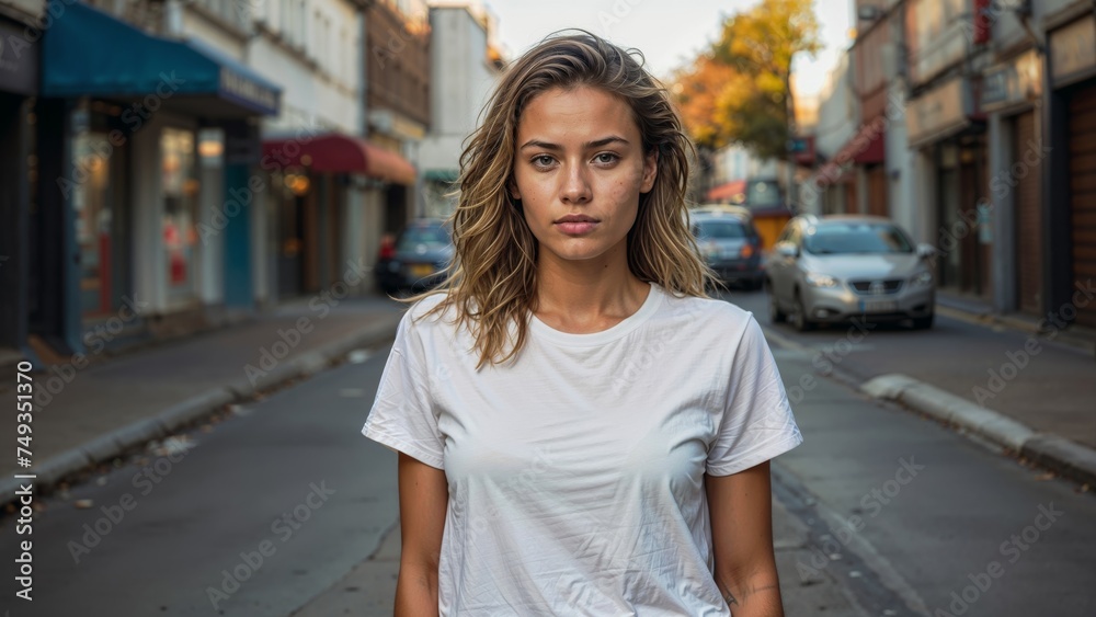 Beautiful young blonde woman in a white Blank T-shirt and black leggings on the street. Mockup design concept Beautiful young blonde woman in a white Blank T-shirt and black leggings on the street. Mockup design concept