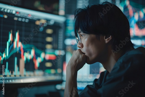 A sad asian man looking at a display with stock exchange data and chart graphs photo