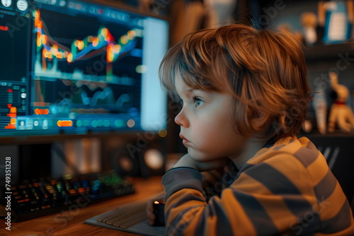 A sad child boy looking at a display with stock exchange data and chart graphs