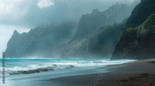 A dramatic Hawaiian coastal scene where the majestic jagged cliffs meet the power of the sea - AI Generated Digital Art 