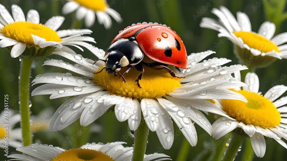 A ladybug with drops of water sits on a chamomile flower.