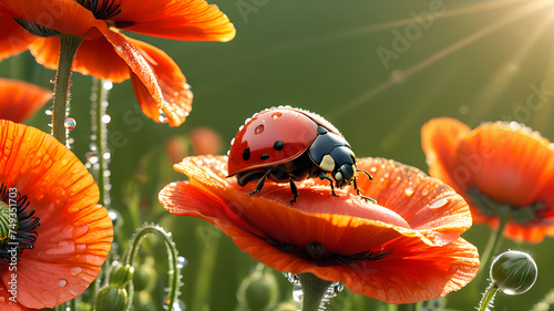 A ladybug with water drops sits on a poppy flower on a sunny day.
