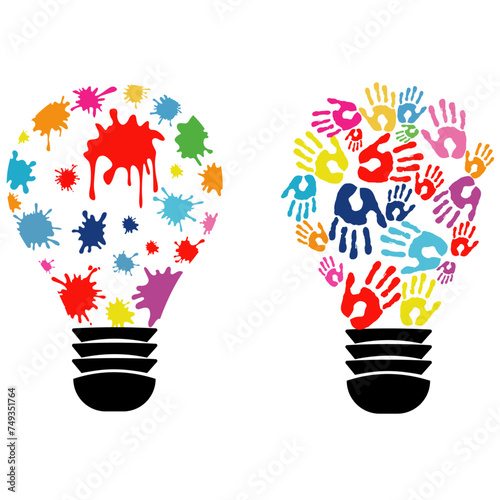 colorful handprint in lightbulb shape, Handprint in lightbulb & splashes lightbulb, Creative Thinking Vector & illustration