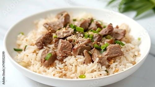 rice with meat in the plate on white background