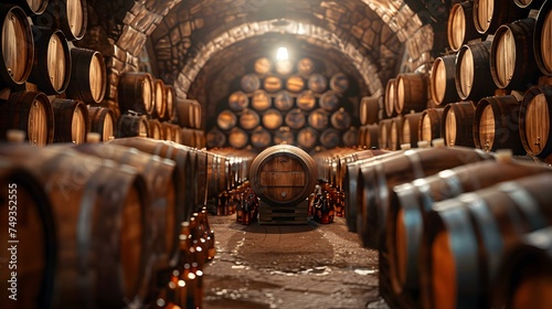 Aged oak barrels in cellar filled with wines brandies and whiskies. Concept Wine Cellars, Barrel Aging, Winemaking, Spirits Aging, Distillery Craftsmanship photo