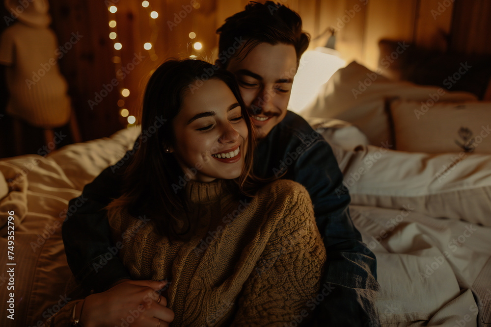 Beautiful couple is smiling and hugging while spending Beautiful couple is smiling and hugging while spending
