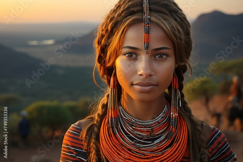 Portrait of a Maasai women with traditional jewelry walking towards mount photo