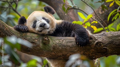 A giant panda sleeping on a tree branch, generative ai