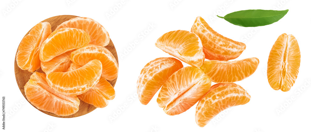Tangerine or clementine slices in wooden bowl isolated on white background with full depth of field. Top view. Flat lay Tangerine or clementine slices in wooden bowl isolated on white background with full depth of field. Top view. Flat lay