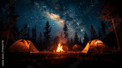 Camping under the Stars: A cozy campsite under a starry night sky, with a crackling campfire and silhouetted tents, conveying the joy of outdoor camping