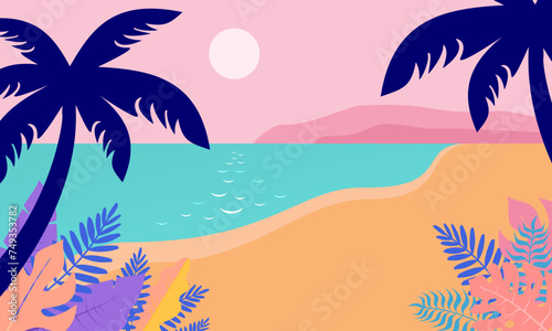 Summer time fun concept design. Creative background of landscape  panorama of sea and beach. Summer sale  post template. Summer time vector banner design withcolorful beach