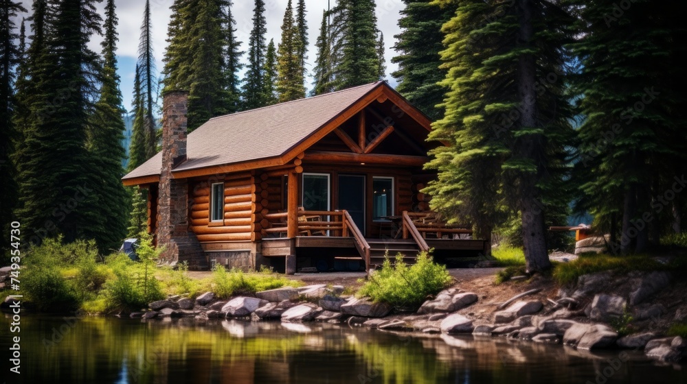 Fototapeta premium A cozy wooden house near a Green Pine Forest and a Lake. A log cabin for summer tourists in the national park. Horizontal Banner, Travel, Tourism, Nature Background.
