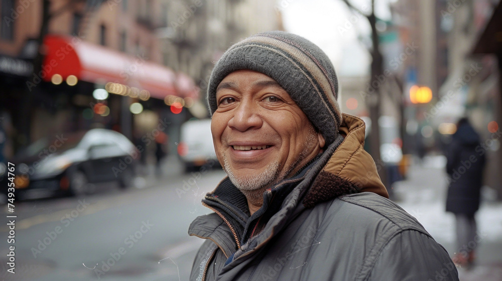 A Portrait of a Joyful Hispanic Man in Winter NYC A Portrait of a Joyful Hispanic Man in Winter NYC
