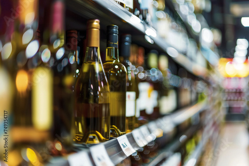 Blurred image of wine shelves on display at store