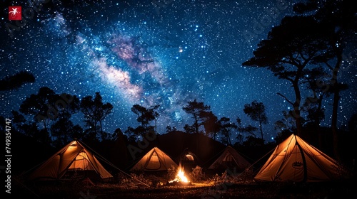 Camping under the Stars  A cozy campsite under a starry night sky  with a crackling campfire and silhouetted tents  conveying the joy of outdoor camping