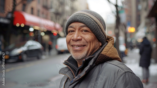 A Portrait of a Joyful Hispanic Man in Winter NYC photo
