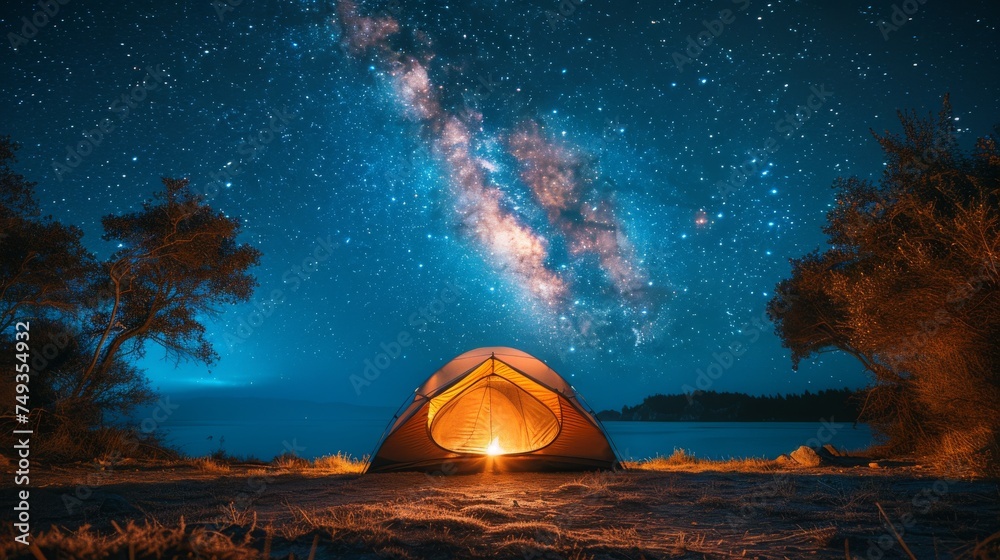 Camping under the Stars: A cozy campsite under a starry night sky, with a crackling campfire and silhouetted tents, conveying the joy of outdoor camping Camping under the Stars: A cozy campsite under a starry night sky, with a crackling campfire and silhouetted tents, conveying the joy of outdoor camping