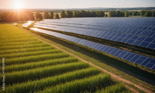 Solar energy panels against green field under blue sky with white clouds